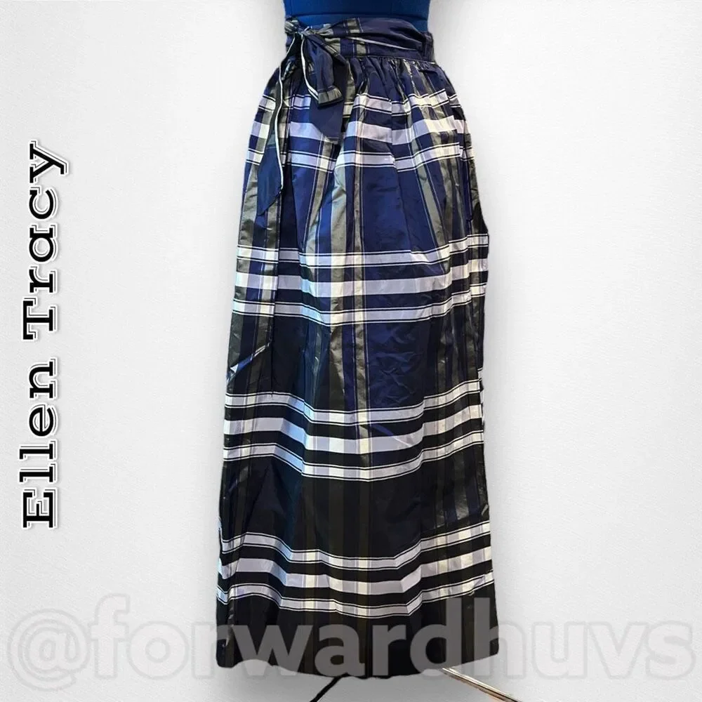 Vintage Ellen Tracy Blue Plaid Silk Taffeta Wrap Skirt Size 13